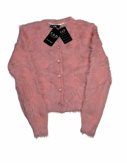 Cozy&Drape pink extra short cardigan sweater made of soft faux fur with button-down front and long sleeves.