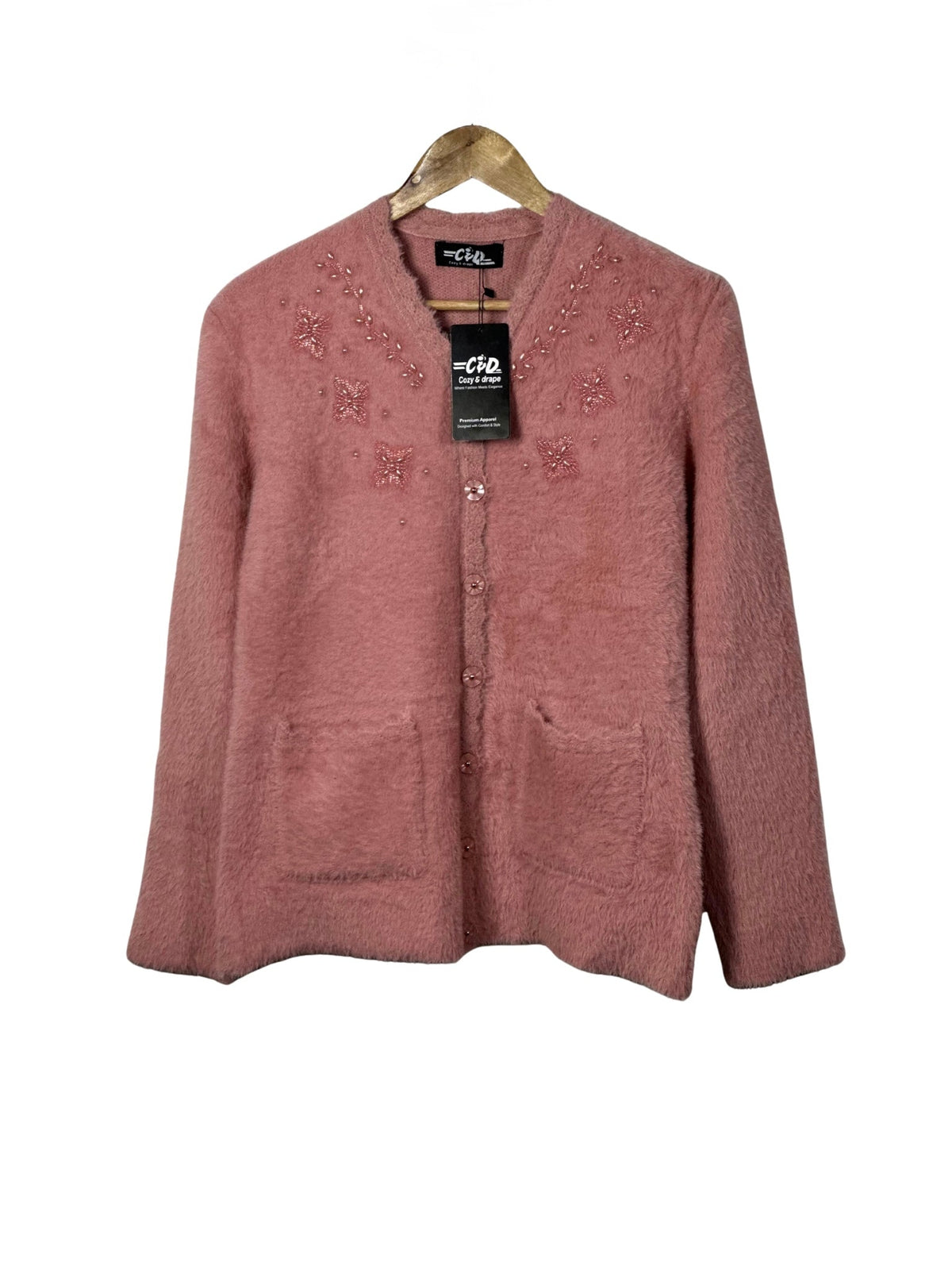 Cozy&Drape dusty pink fuzzy cardigan sweater with beaded floral embroidery, front buttons, and two patch pockets.