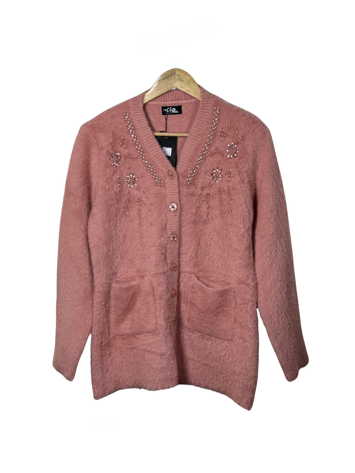 Cozy&Drape pink fuzzy full sleeve cardigan sweater with beaded floral embellishments and front pockets on a hanger