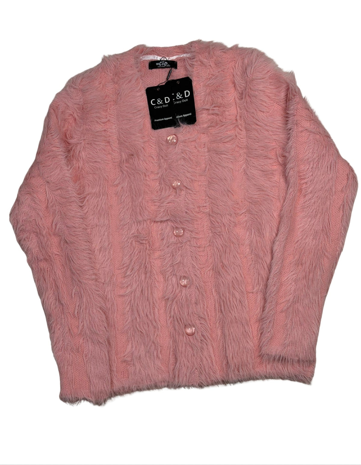 Cozy&Drape pink fuzzy full-sleeve cardigan sweater with a button-up front and textured knit design.