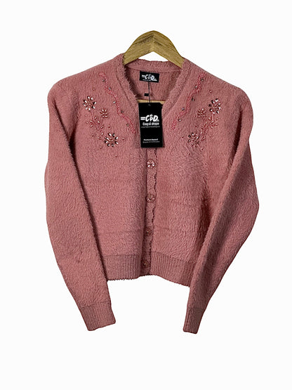 Cozy&Drape extra short pink fuzzy cardigan sweater with beaded floral embroidery and button-up front