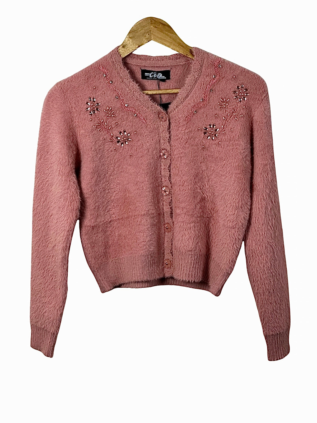 Cozy&Drape extra short pink fuzzy cardigan with delicate beaded floral embroidery and button-down front