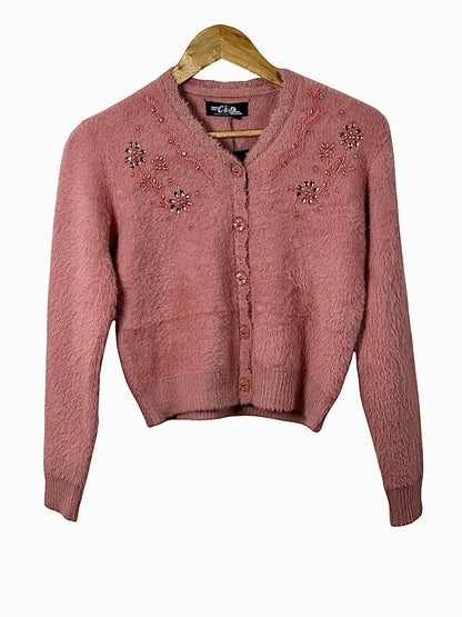 Cozy&Drape extra short pink fuzzy cardigan with delicate beaded floral embroidery and button-down front