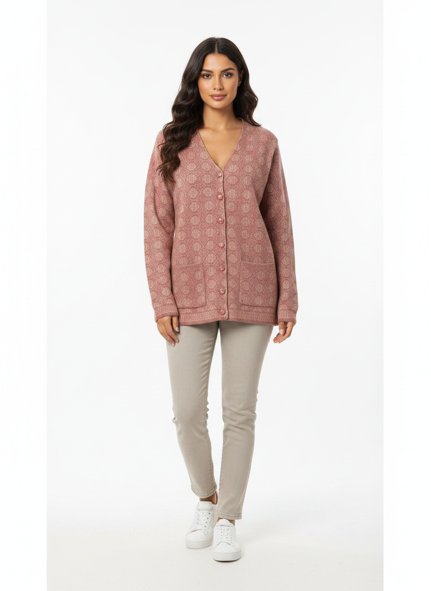 Model wearing a Cozy&Drape pink V-neck button-up cardigan with a geometric pattern and two front pockets