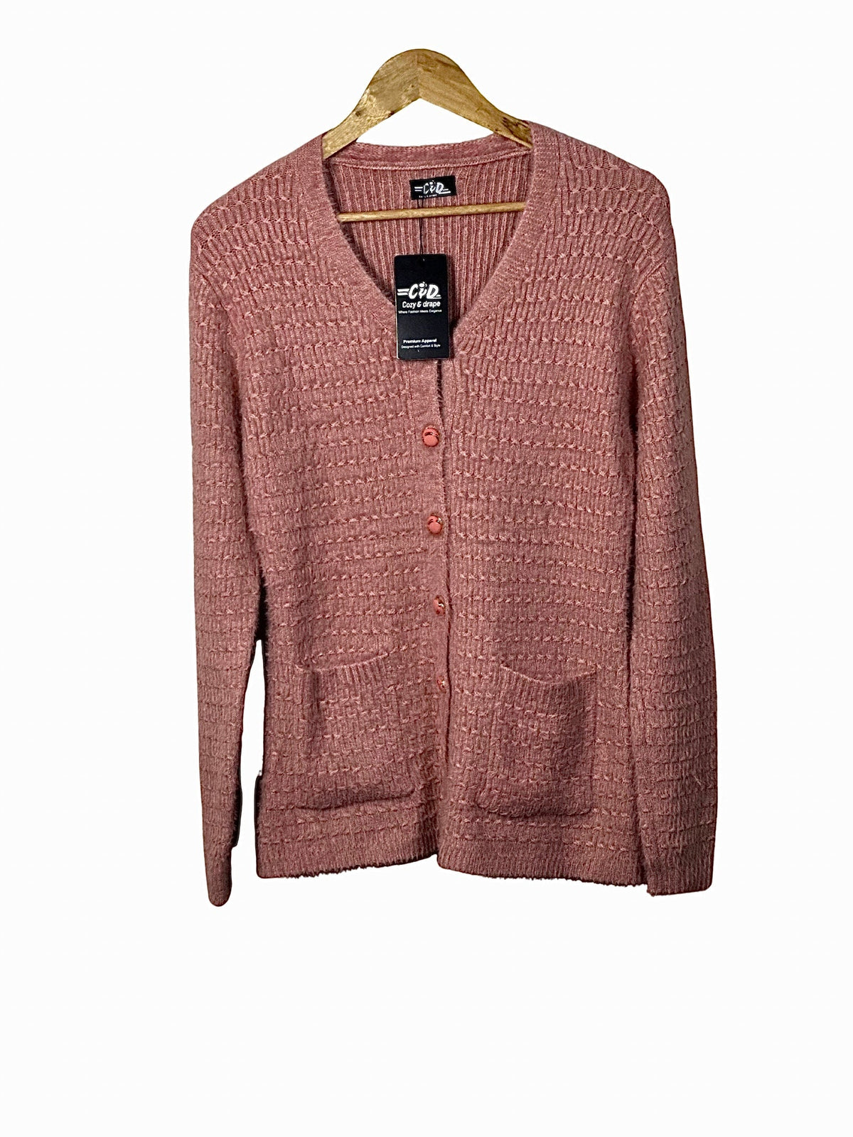 Cozy&Drape dusty pink full-sleeved cardigan sweater with a textured knit, V-neck, button front, and two pockets.