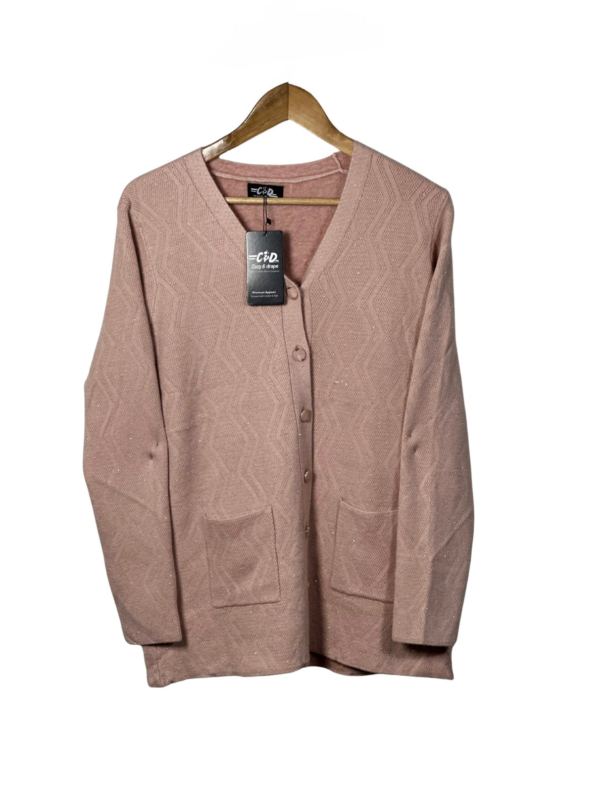 Cozy&Drape dusty pink full-sleeve cardigan sweater with a V-neck, button front, and two front pockets.