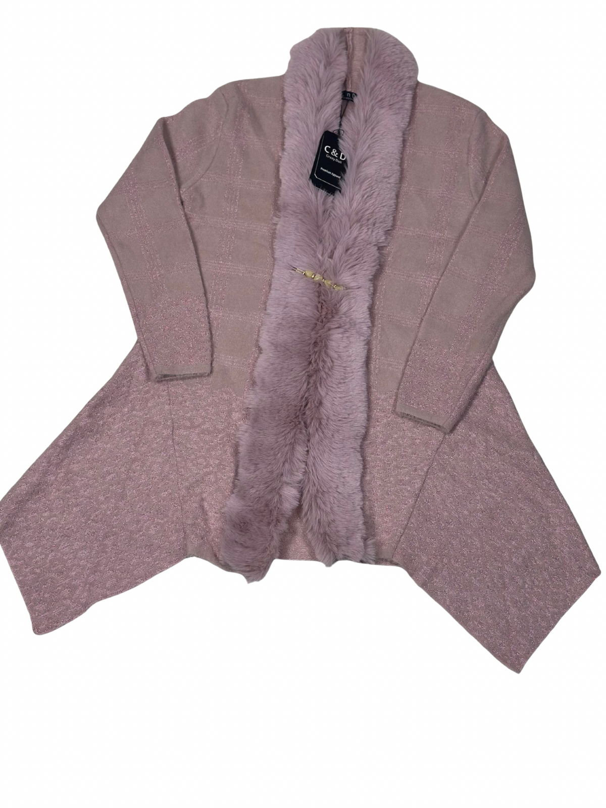 Cozy&Drape pink wool cardigan shrug with a soft faux fur muffler collar and gold clasp closure