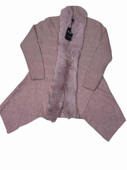 Cozy&Drape pink wool cardigan shrug with a soft faux fur muffler collar and gold clasp closure