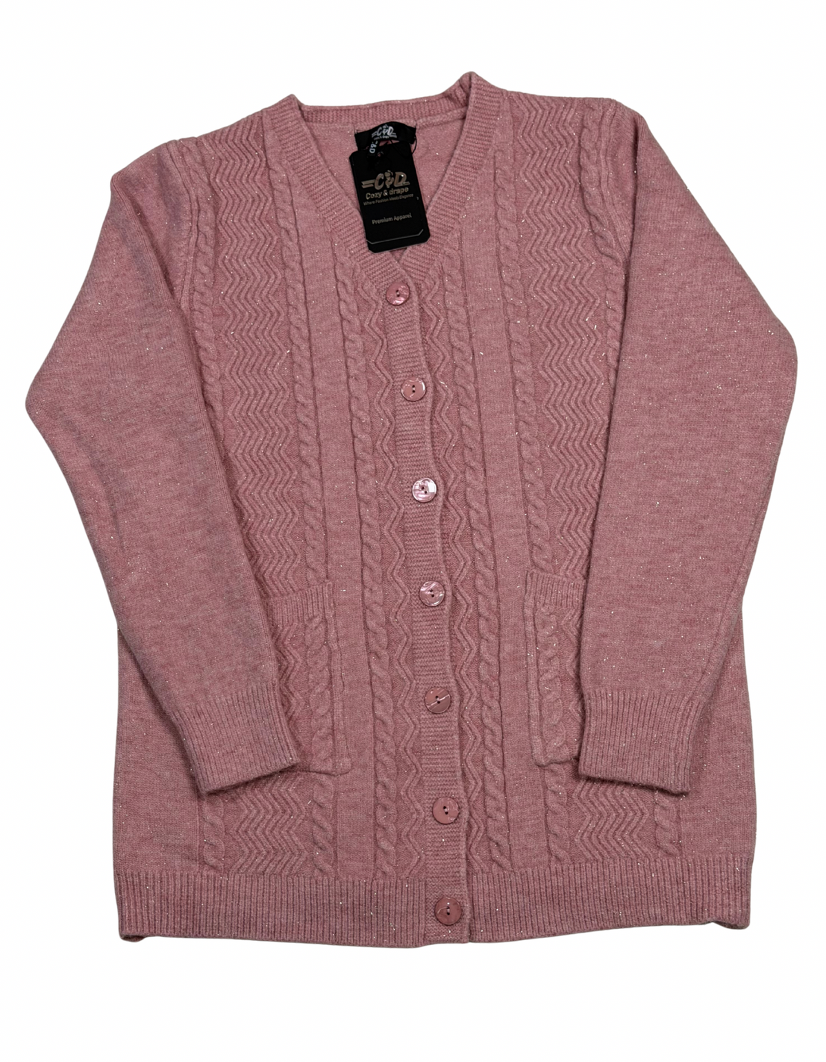 Cozy&Drape pink wool cardigan sweater with cable knit texture, front button closure, and two convenient pockets.