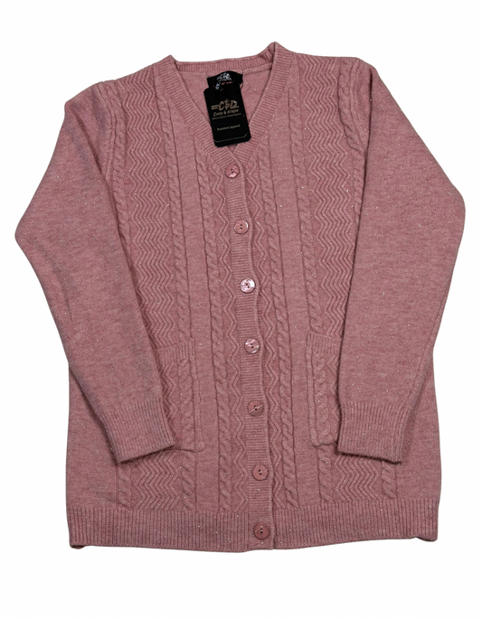 Cozy&Drape pink wool cardigan sweater with cable knit texture, front button closure, and two convenient pockets.