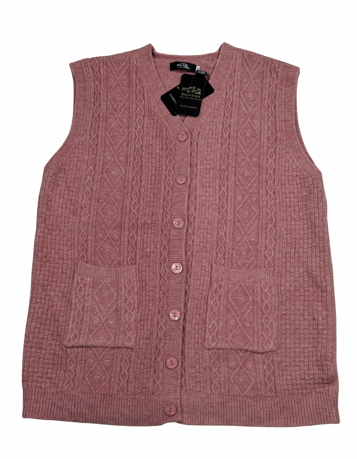 Cozy&Drape sleeveless wool cardigan sweater in dusty pink with cable knit texture, button front, and two pockets.