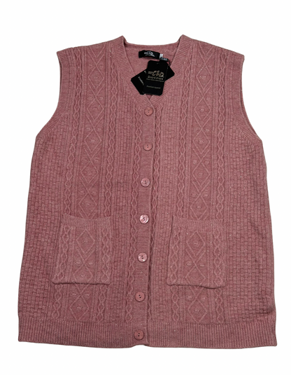 Cozy&Drape sleeveless wool cardigan sweater in dusty pink with cable knit texture, button front, and two pockets.