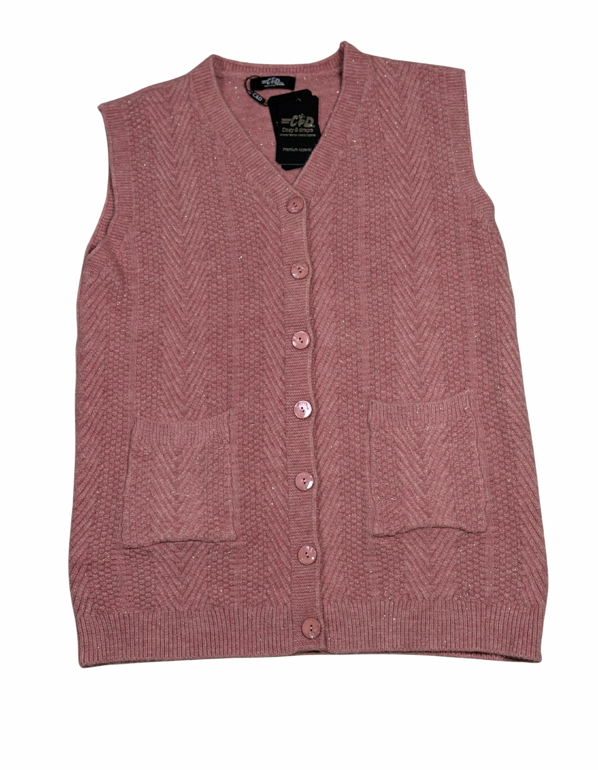 Cozy&Drape sleeveless wool cardigan sweater in dusty pink with a V-neck, button front, and two front pockets.
