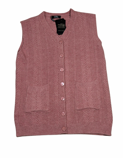 Cozy&Drape sleeveless wool cardigan sweater in dusty pink with a V-neck, button front, and two front pockets.