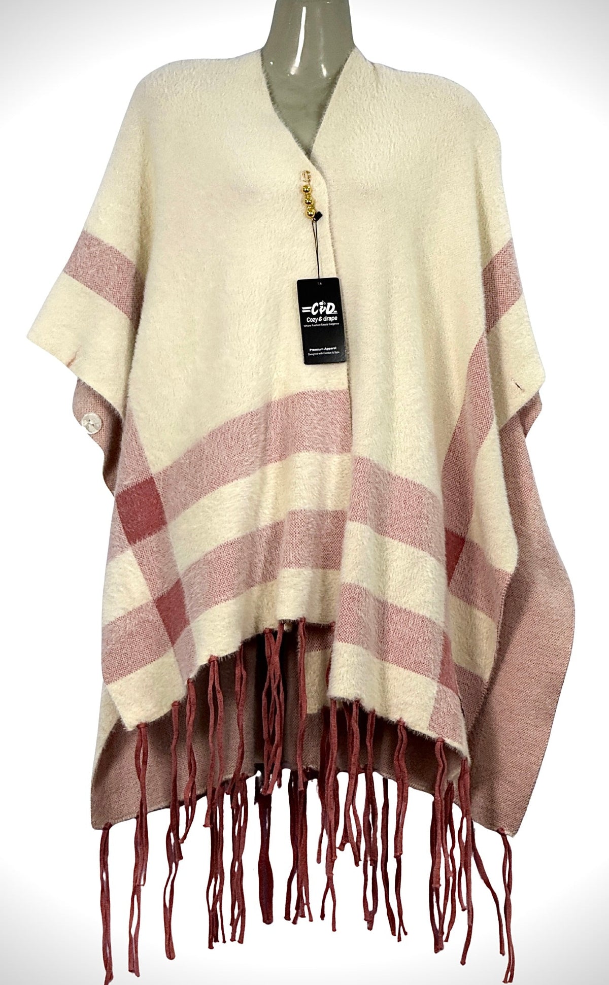 Cozy&Drape cream and dusty rose plaid cape shawl with fringe hem and gold button closure for winter warmth