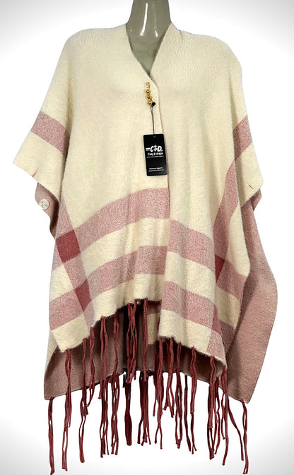 Cozy&Drape cream and dusty rose plaid cape shawl with fringe hem and gold button closure for winter warmth