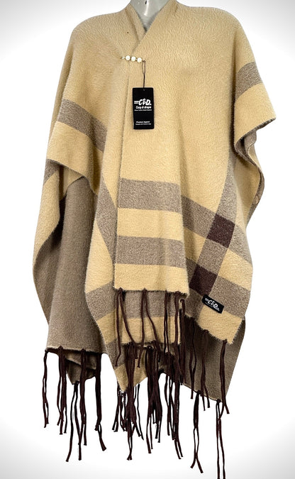 Cozy&Drape beige and brown plaid cape shawl with fringe trim and elegant button closure for winter warmth
