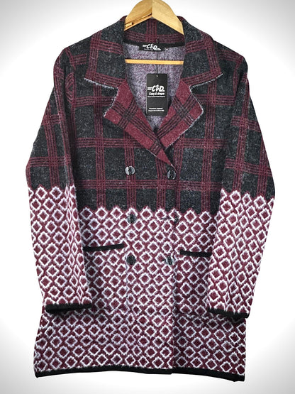 Cozy&Drape long cardigan sweater coat featuring a burgundy and black plaid top with a geometric diamond pattern base.