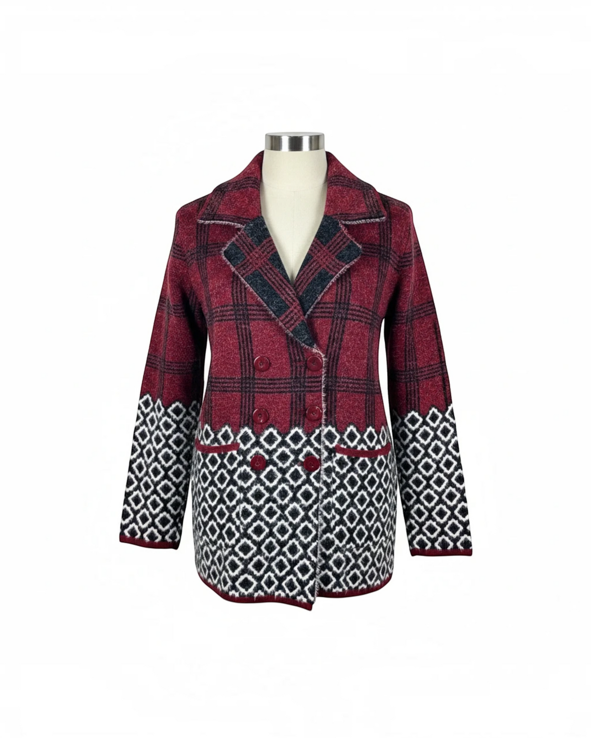Cozy&Drape short cardigan sweater coat in red and black plaid with a geometric diamond pattern on the hem