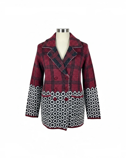 Cozy&Drape short cardigan sweater coat in red and black plaid with a geometric diamond pattern on the hem