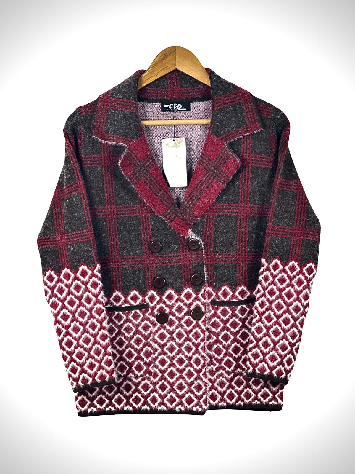 Cozy&Drape short cardigan sweater coat featuring a burgundy and charcoal plaid top with a geometric diamond pattern hem