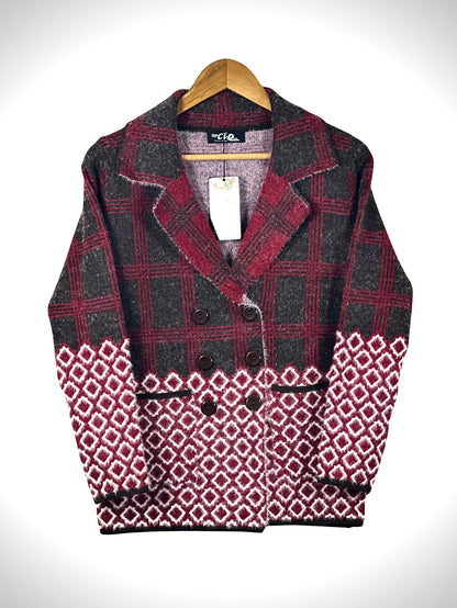 Cozy&Drape short cardigan sweater coat featuring a burgundy and charcoal plaid top with a geometric diamond pattern hem