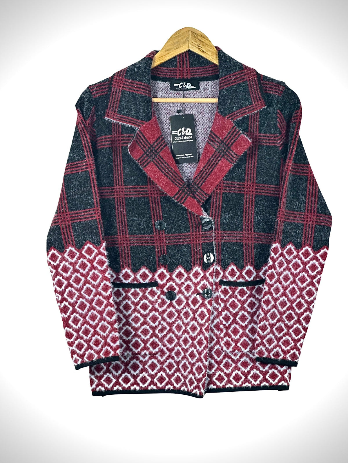 Cozy&Drape short cardigan sweater coat featuring a red and black plaid pattern with a geometric diamond hem design.
