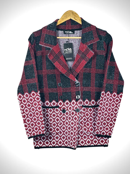 Cozy&Drape short cardigan sweater coat featuring a red and black plaid pattern with a geometric diamond hem design.