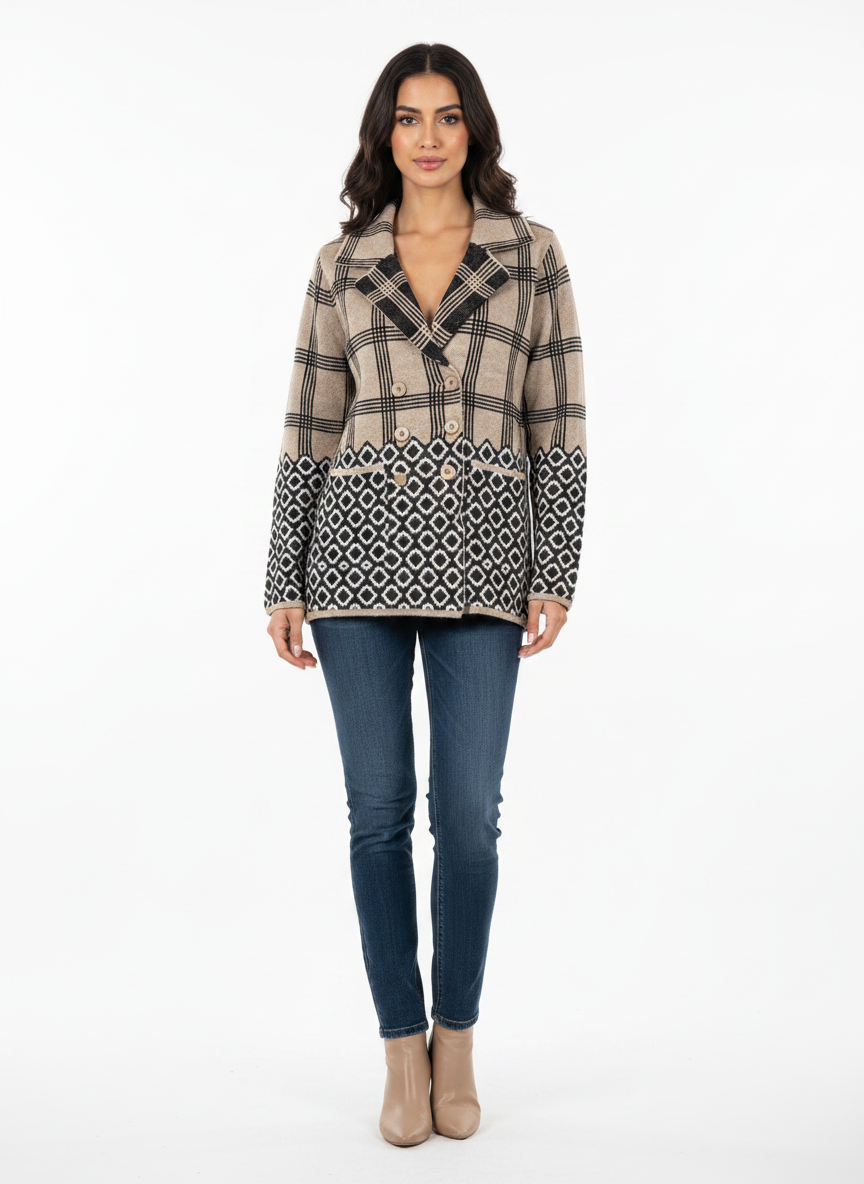 Cozy&Drape short cardigan sweater coat featuring a tan plaid pattern and black geometric hem with double-breasted front