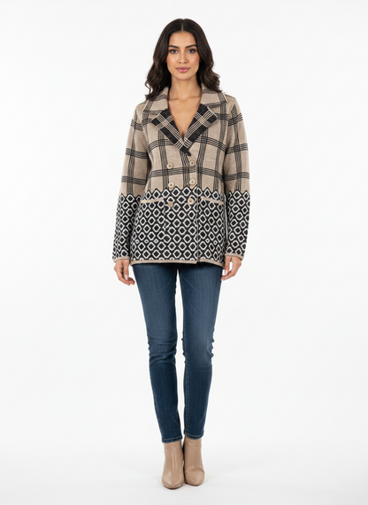 Cozy&Drape short cardigan sweater coat featuring a tan plaid pattern and black geometric hem with double-breasted front