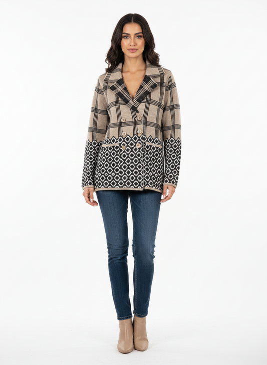 Cozy&Drape short cardigan sweater coat featuring a tan plaid pattern and black geometric hem with double-breasted front