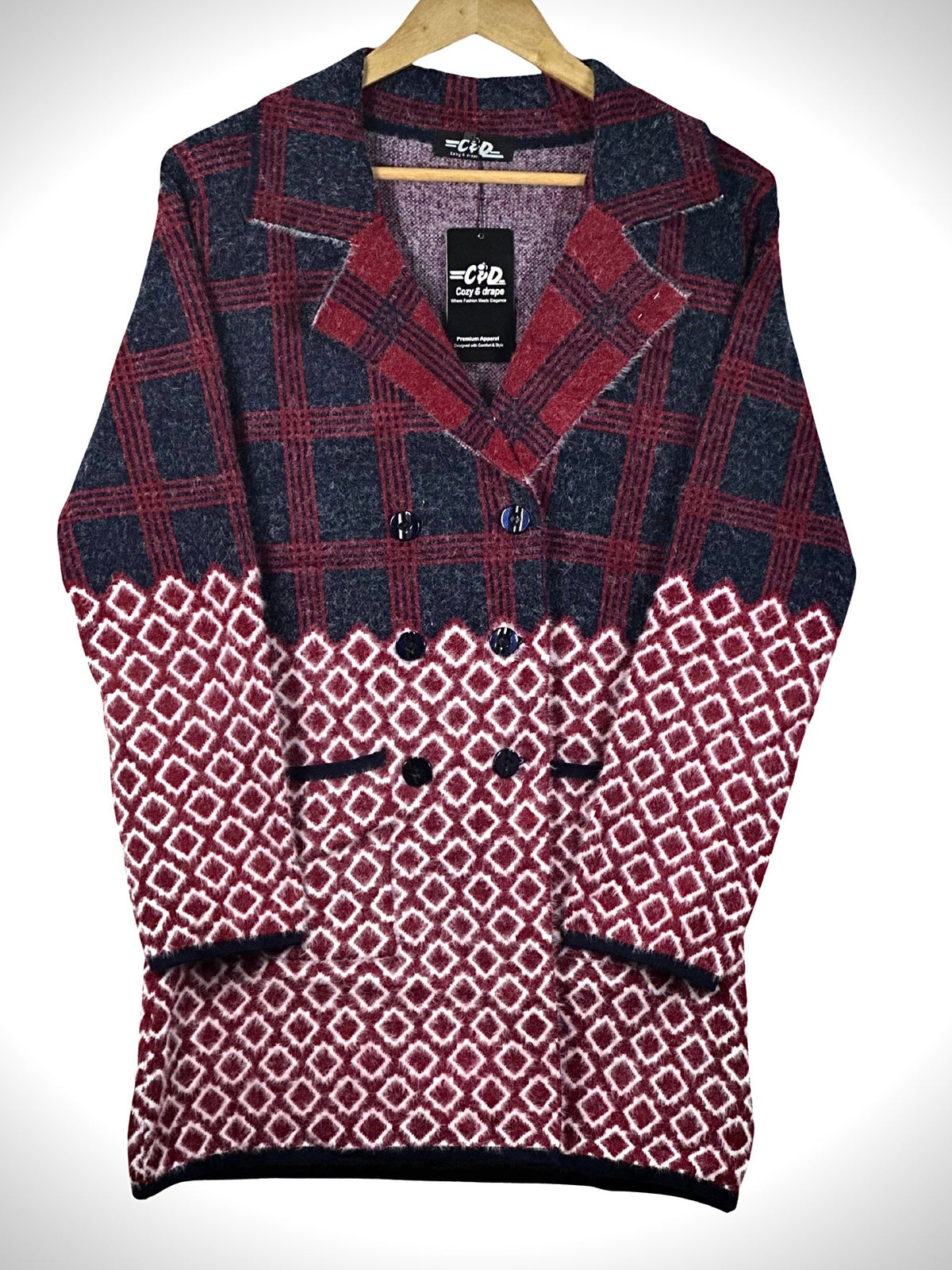 Cozy&Drape long cardigan sweater coat featuring a red and navy plaid top and geometric diamond pattern bottom