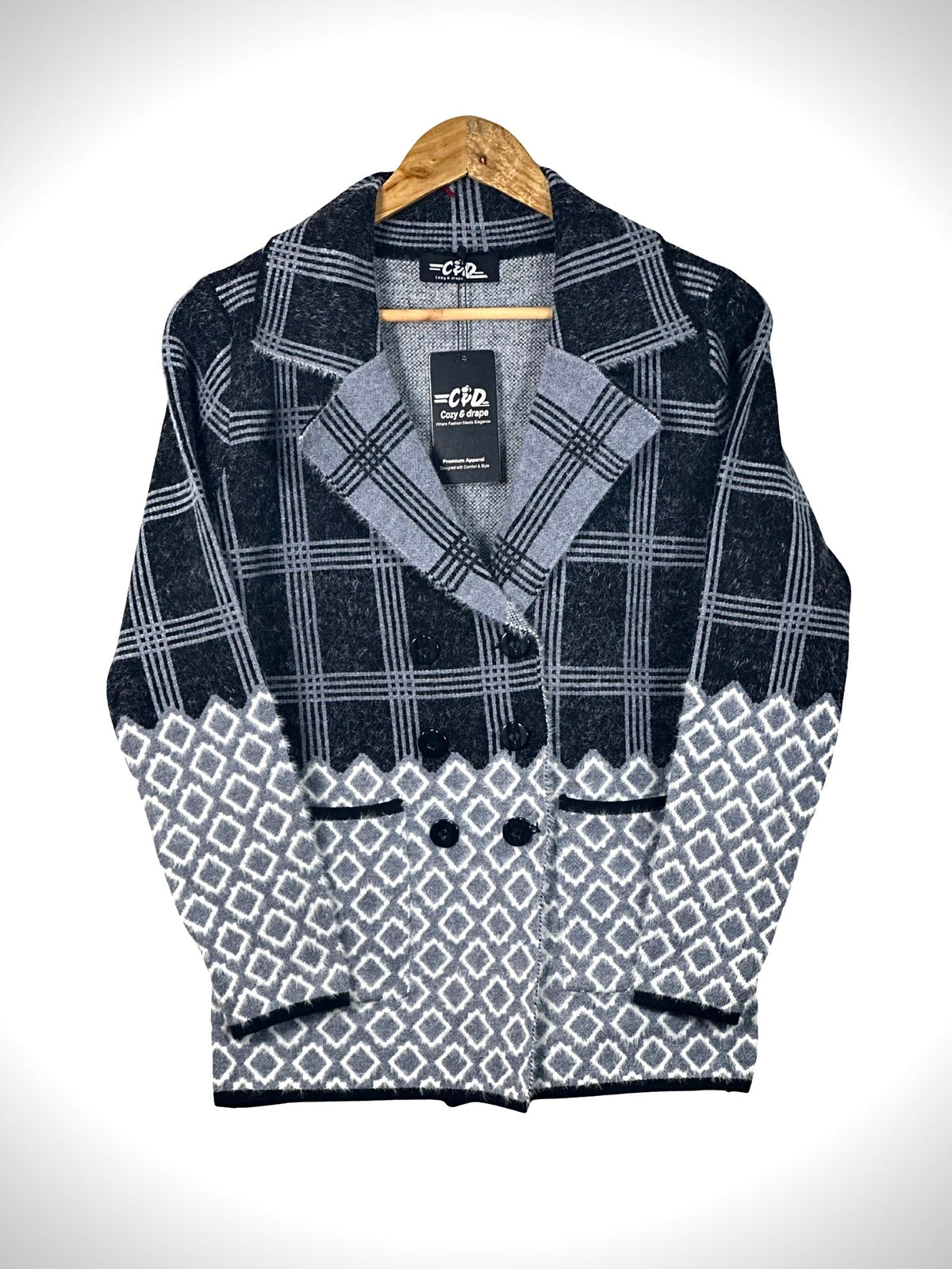 Cozy&Drape short cardigan sweater coat featuring a black and grey plaid top and geometric diamond pattern bottom