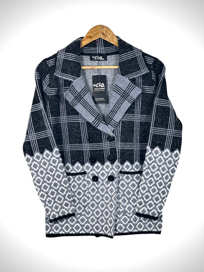Cozy&Drape short cardigan sweater coat featuring a black and grey plaid top and geometric diamond pattern bottom