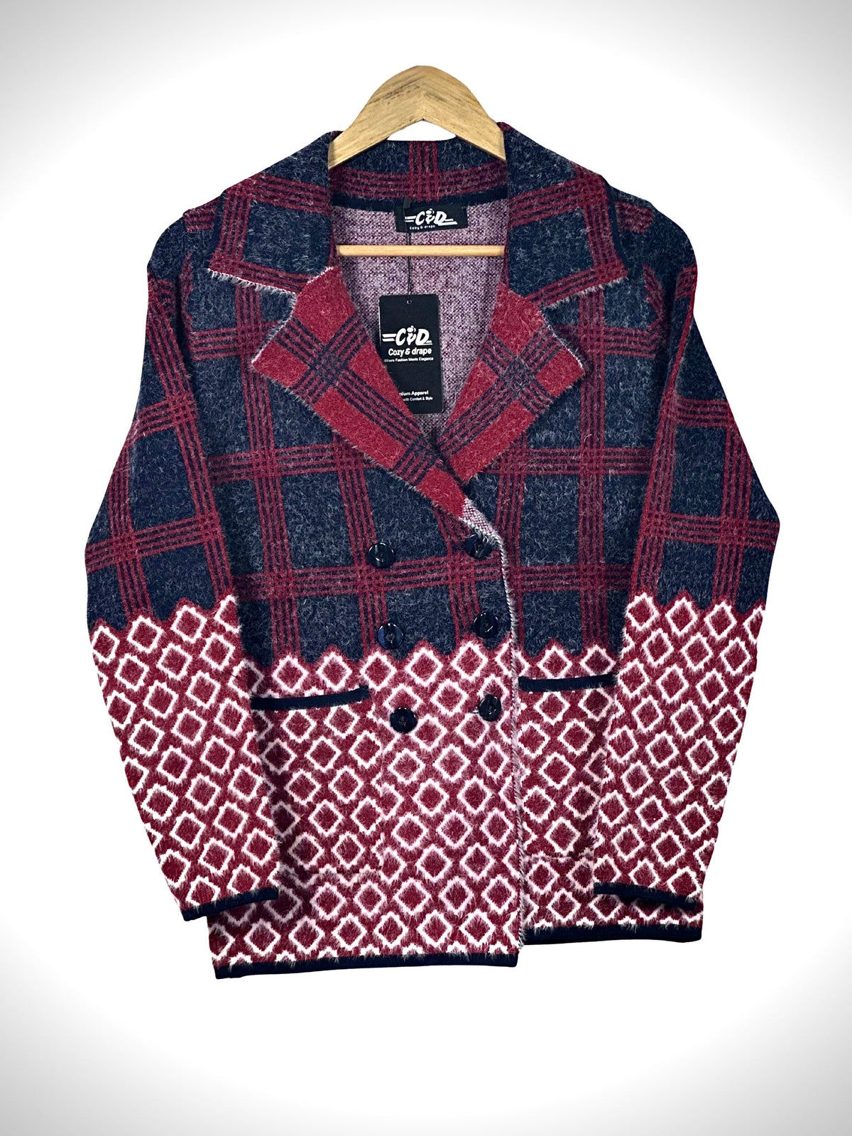 Cozy&Drape double-breasted cardigan sweater coat featuring a navy and burgundy plaid top and diamond pattern hem.