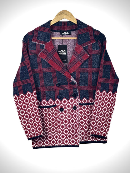 Cozy&Drape double-breasted cardigan sweater coat featuring a navy and burgundy plaid top and diamond pattern hem.