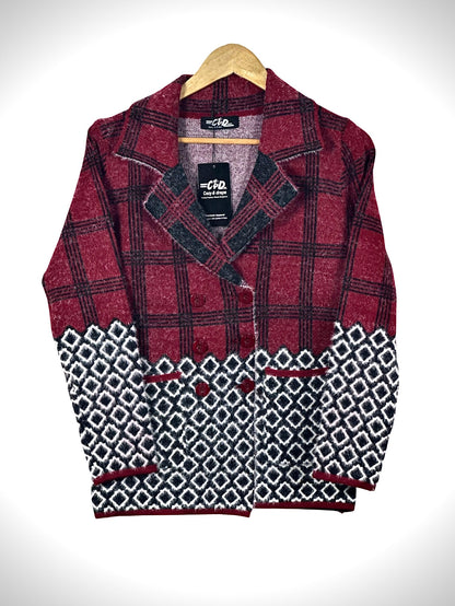 Cozy&Drape red and black plaid cardigan sweater coat with a geometric diamond pattern on the lower half