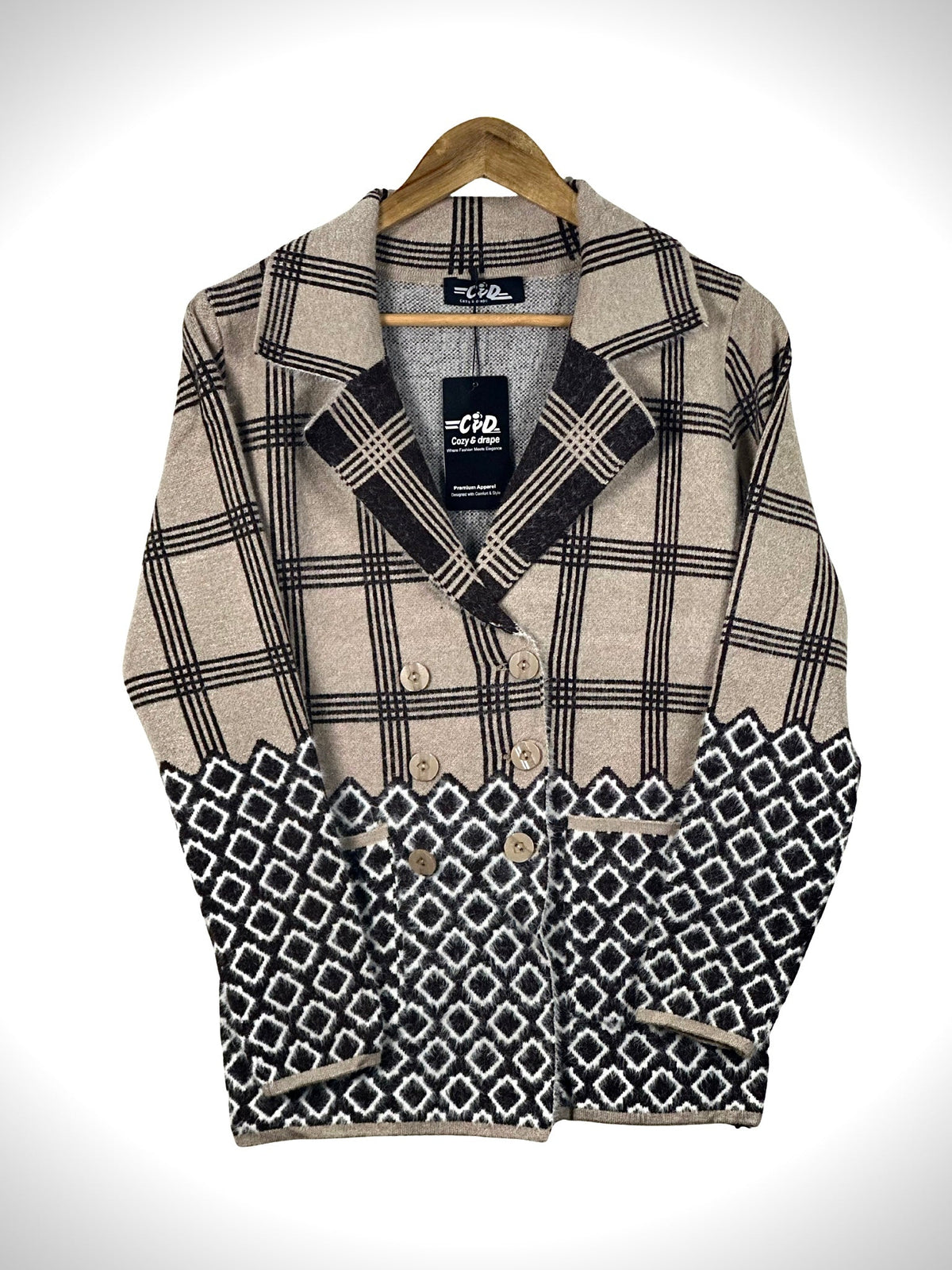 Cozy&Drape short cardigan sweater coat featuring a beige and black plaid pattern with a geometric diamond hem