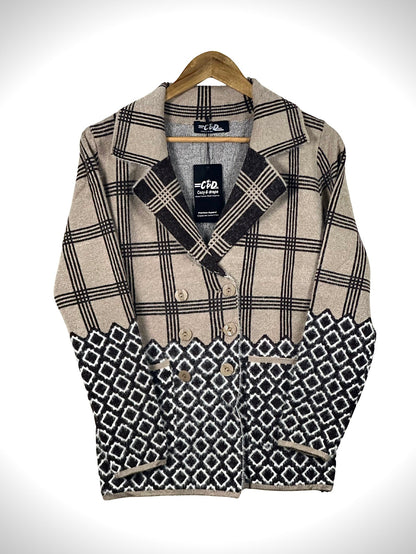 Cozy&Drape short cardigan sweater coat featuring a beige and black plaid pattern with a geometric diamond hem