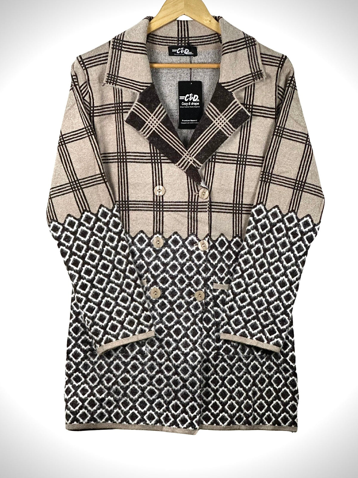 Cozy&Drape long cardigan sweater coat in beige and black with a plaid top and geometric patterned bottom