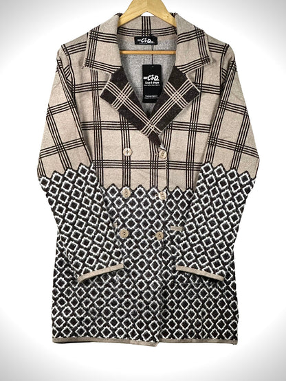 Cozy&Drape long cardigan sweater coat in beige and black with a plaid top and geometric patterned bottom