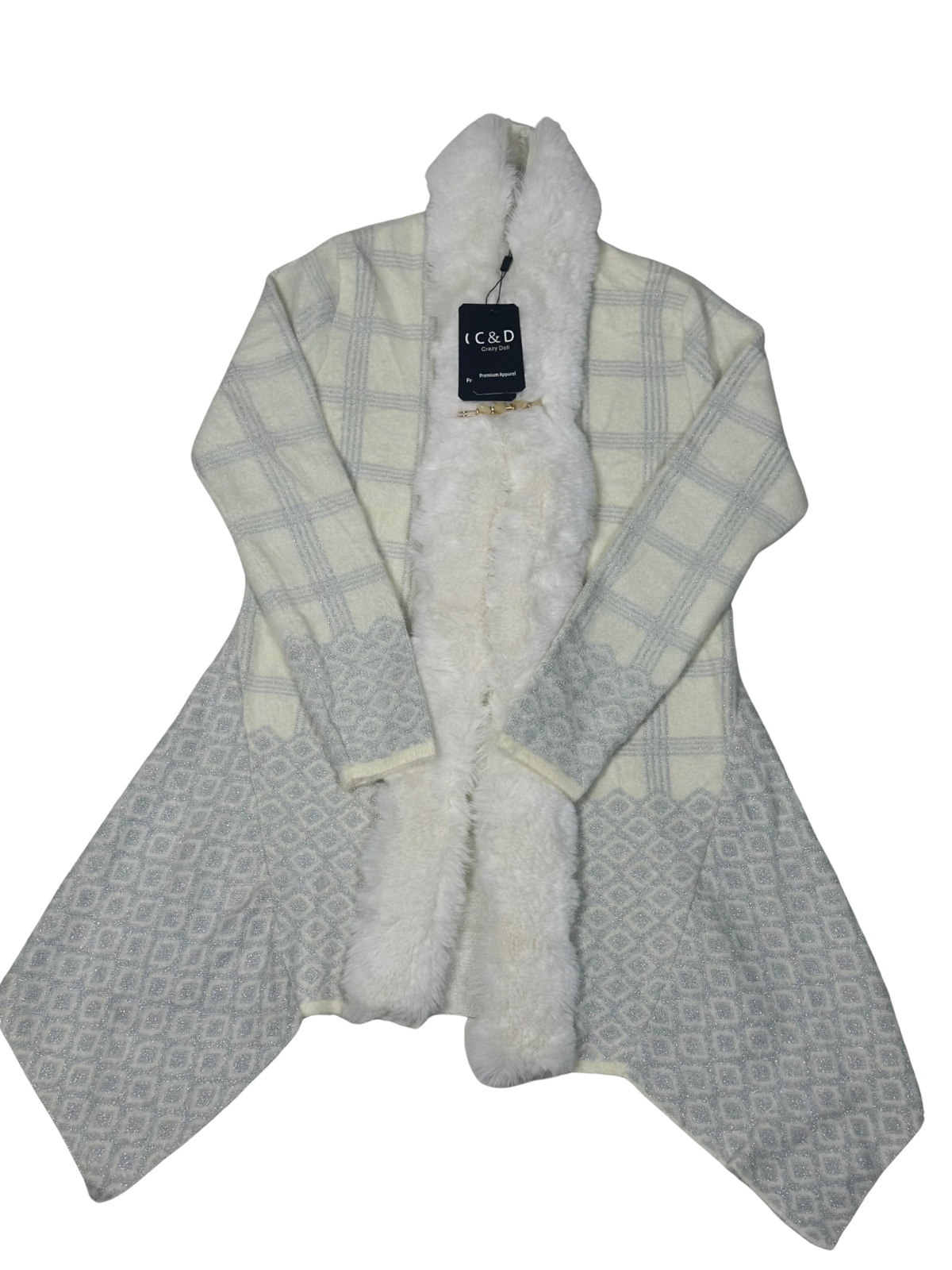 Cozy&Drape open cardigan shrug in cream and grey plaid wool with a plush white faux fur muffler collar
