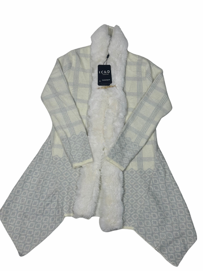 Cozy&Drape open cardigan shrug in cream and grey plaid wool with a plush white faux fur muffler collar
