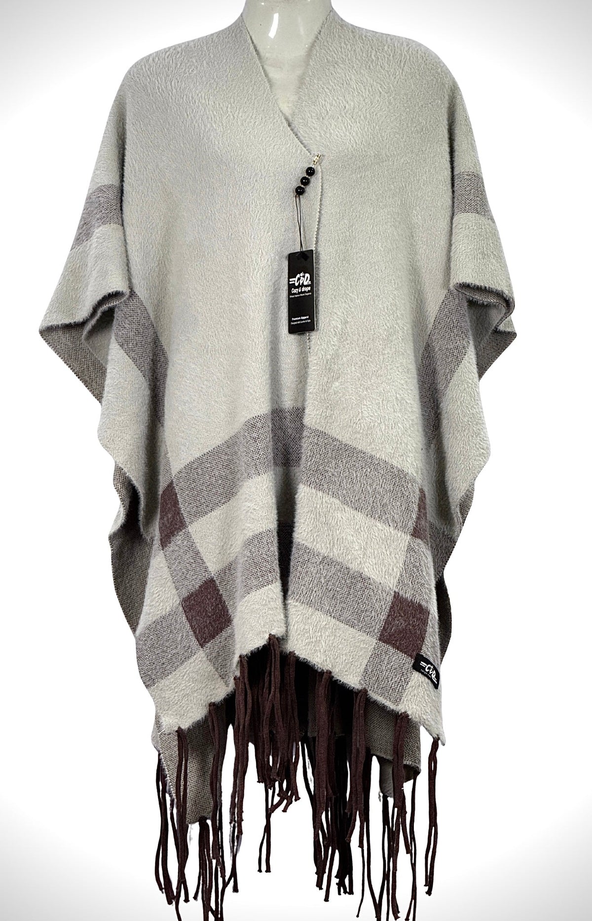 Cozy&Drape beige and brown plaid winter cape shawl with fringe hem and elegant draped design