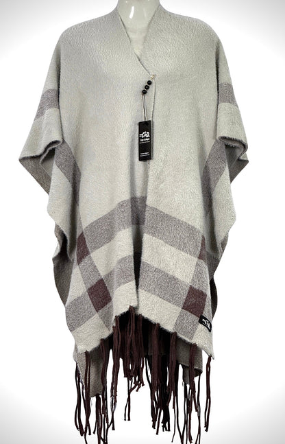 Cozy&Drape beige and brown plaid winter cape shawl with fringe hem and elegant draped design