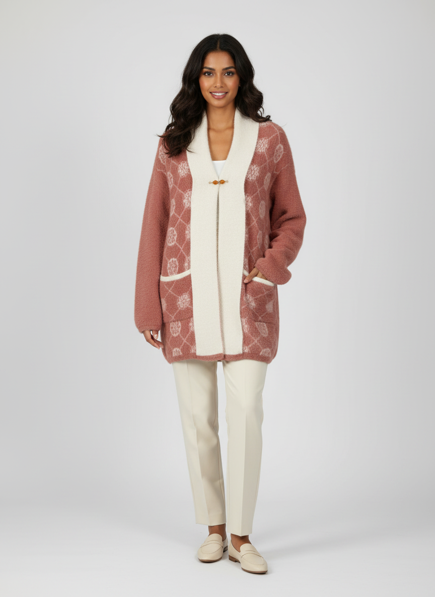 Model wearing a Cozy&Drape plush open-front cardigan in dusty rose with a cream shawl collar and geometric pattern.