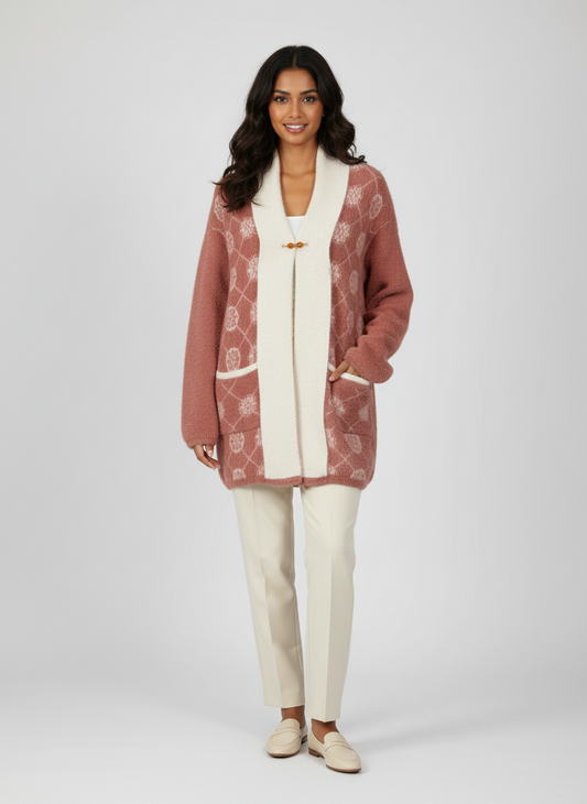 Model wearing a Cozy&Drape plush open-front cardigan in dusty rose with a cream shawl collar and geometric pattern.