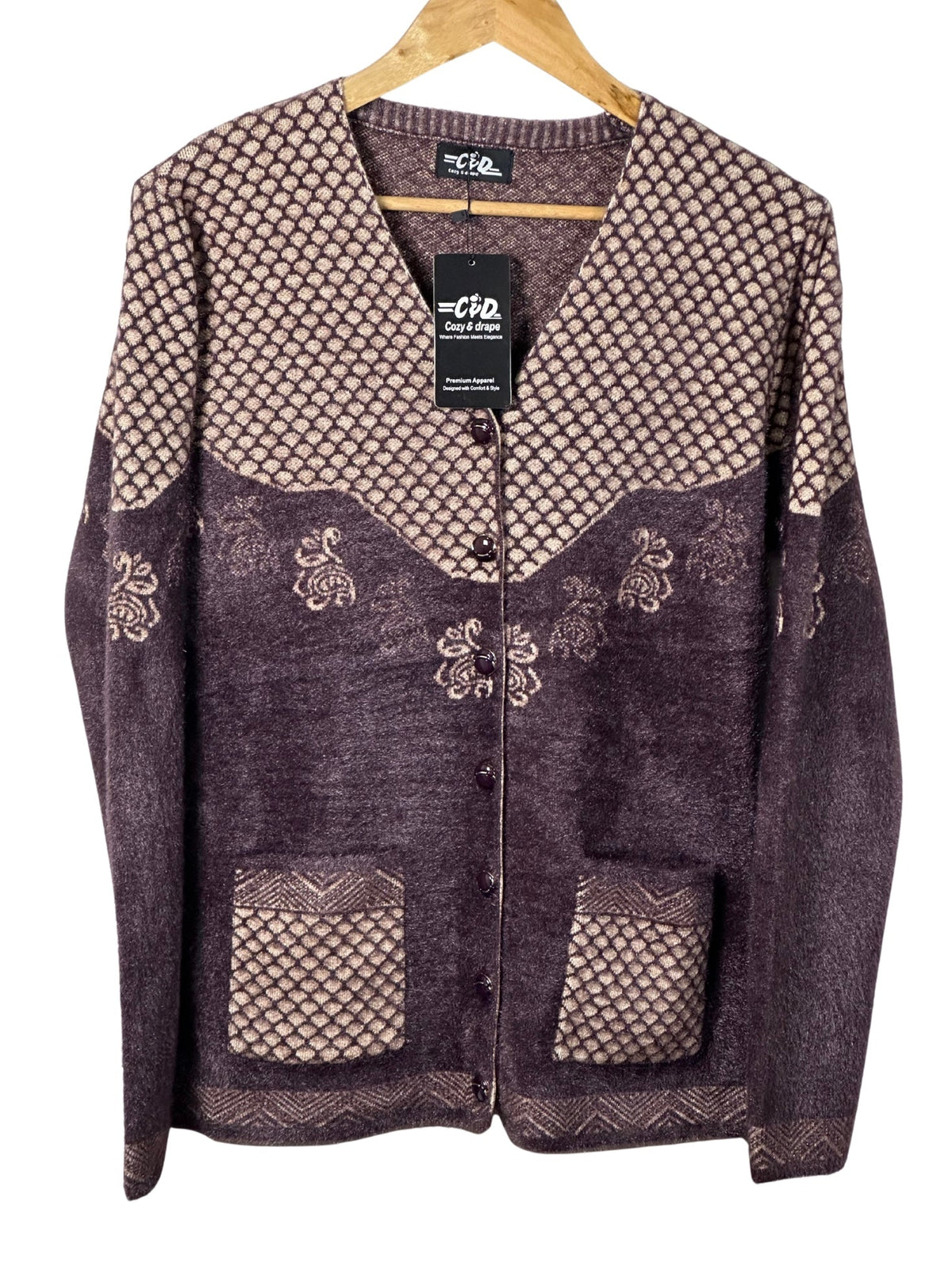 Cozy&Drape regular fit full sleeve cardigan sweater in purple and beige with a textured geometric and floral pattern.