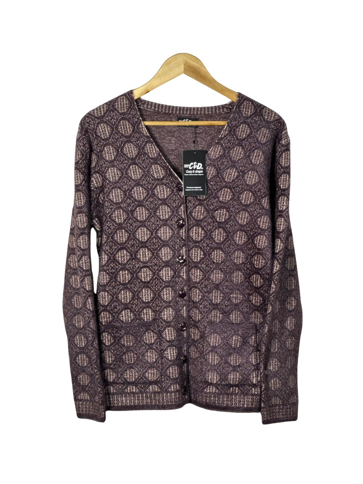 Cozy&Drape regular fit full sleeve cardigan sweater in purple with a geometric pattern and front pockets
