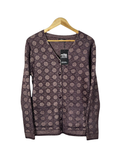 Cozy&Drape regular fit full sleeve cardigan sweater in purple with a geometric pattern and front pockets
